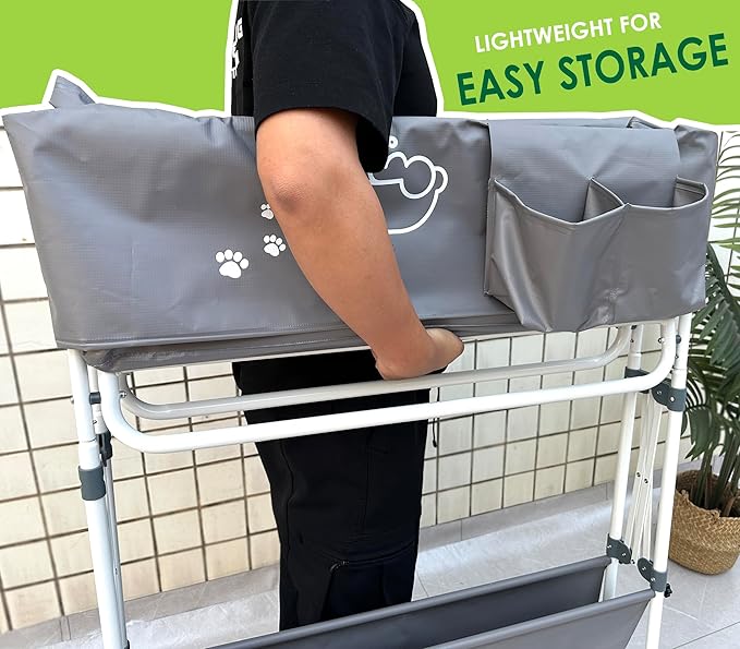 Elevated Dog Bathtub, Portable Dog Washing Station for Home with Towel Bar & Storage, Folding Pet Bath Tub for Small & Medium Dogs