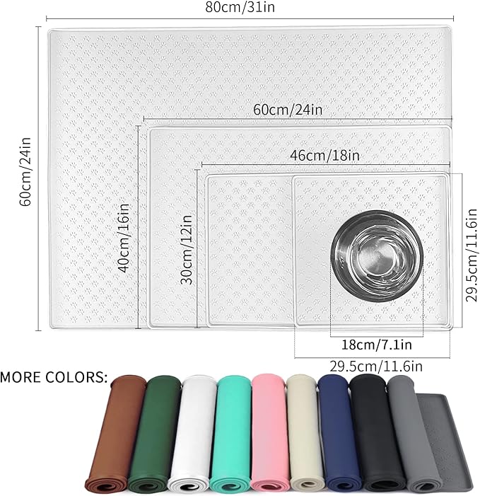 Ptlom Pet Placemat for Dog and Cat, Waterproof Silicone Pet Feeding Bowl Mats for Food and Water, Small Medium Large Dogs Mat Prevent Residues from Spilling to Floor, White, 18" 12"