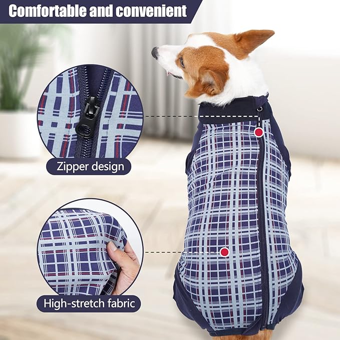 Dog Recovery Suit, Abdominal Wound After Surgery Wear, Anti Licking Bodysuit with Zipper, E-Collar & Cone Alternatives, Plaid Dog Spay Surgical Shirt Prevent Shedding(XL, Blue)