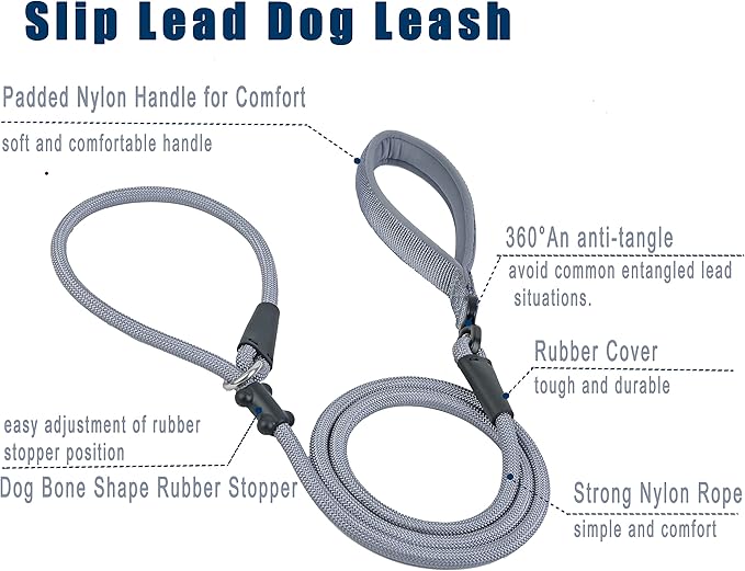 Slip Lead Dog Leash，Strong Nylon Rope Leash and Padded Handle,No Pull Outdoor Walking Training Lead for Small Medium Large Dogs(Grey, 1/2"×6ft)