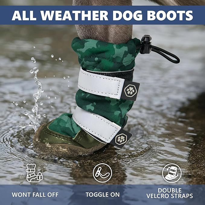 Spark Paws Dog Shoes, Waterproof Dog Boots for Medium to Large Dogs, Non Slip, Breathable Dog Booties and Paw Protectors - 4PCS Doggie Hiking Boots with Reflective Straps, Green Camo, Size 4