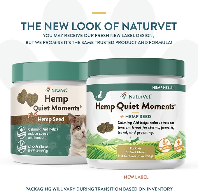 NaturVet Hemp Quiet Moments Plus Hemp Seed for Cats, 60 ct Soft Chews, Made in USA
