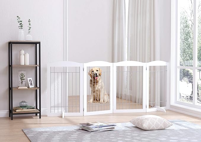 Spirich Free Standing Foldable Wire Pet Gate for Dogs, 80 Inches Extra Wide, 30 Inches Tall 4 Panels Dog Gate for The House, Doorway, Stairs, Pet Puppy Safety Fence, Sliver White