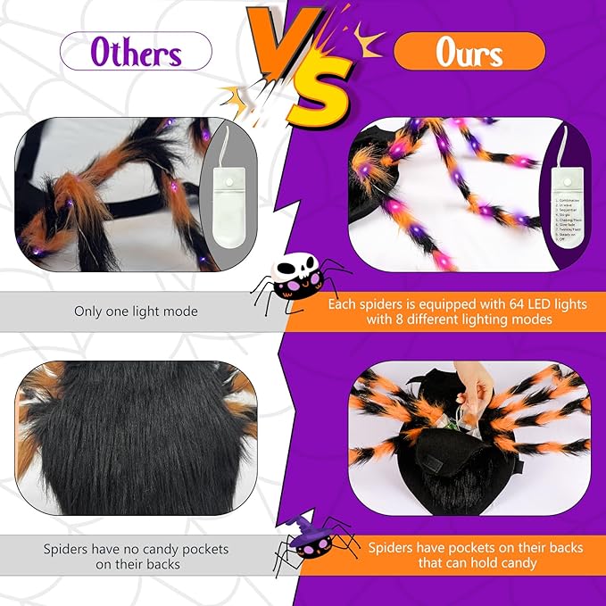 OurWarm Dog Halloween Costumes for Pets 64 LED Furry Giant Dog Spider Costume Funny Dogs Costumes for Medium Large Dogs Halloween Party Decor Puppy Pets Outfits Cosplay