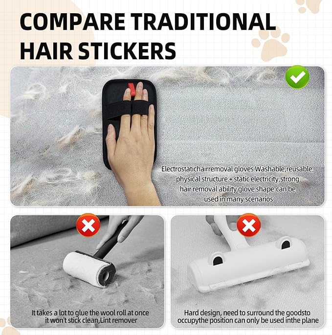 Pet Hair Remover, Reusable Electrostatic Pet Hair Remover Gloves – Double-Sided Grooming & Deshedding Gloves for Cats & Dogs, Pet Fur Removal for Furniture, Carpet, Couch & Clothing -1 PCS