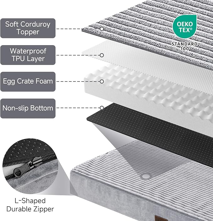 OhGeni Orthopedic Waterproof & Machine Washable Dog Bed for Extra Large Pets, Suitable for Crates, Cat Mat with 25D Egg Crate Foam, Non-Slip Bottom & Removable Cover, Invisible Zipper, 47 Inches(Gray)