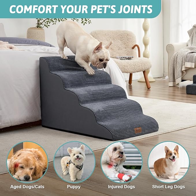 Extra Wide Dog Stairs 19.7" Width, Large Pet Step for Small Medium Dog, Puppy or Cat, Ramp for High Bed or Car, High Density Foam Ladder, Stable, 5 Step, 19.7x33x22.4 in, Dark Grey