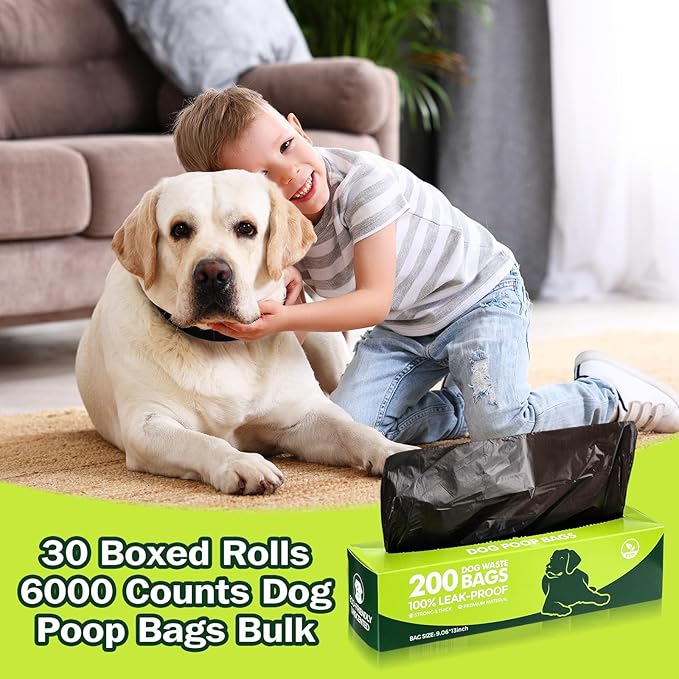Harloon 6000 Counts Dog Poop Waste Bags 30 Rolls Extra Thick Strong Leak PET Proof Bags Disposable Bulk Universal Doggy Roll Waste Box for Puppy Outdoor Walking Travel(Black,13 x 9 Inches)