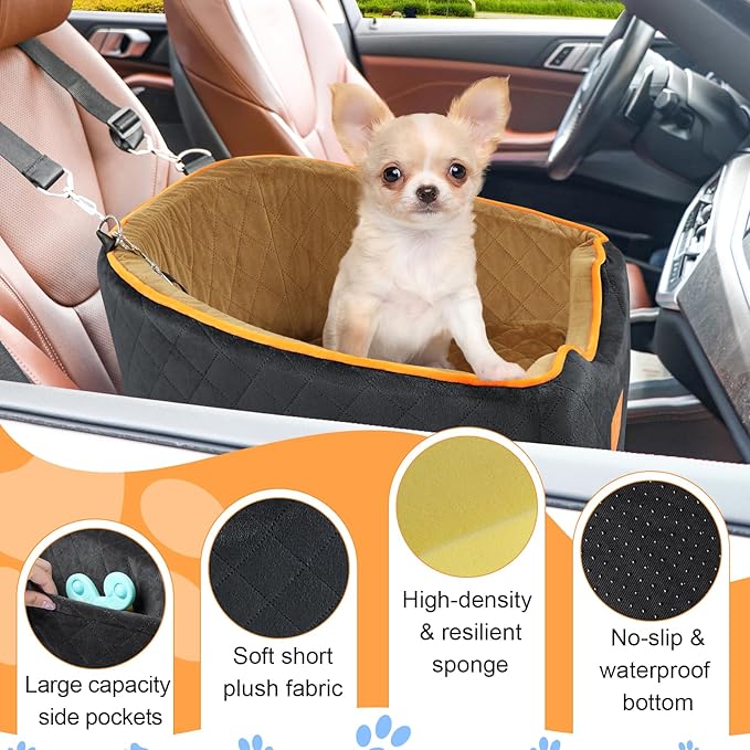 Dog Car Seat for Small Dogs, Memory Foam Booster Dog Seat for Dogs up to 35 lbs, Elevated Pet Car Seat with Washable Removable Cover, Storage Pockets