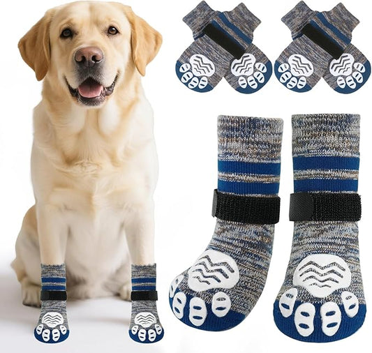 PUPTECK Non-Slip Dog Socks to Prevent Licking Paws, Double Sides Dog Boots & Paw Protectors Booties on Hardwood Floors Hot Pavement with Grippers, for Small Medium Large Senior Dogs, Navy Blue L
