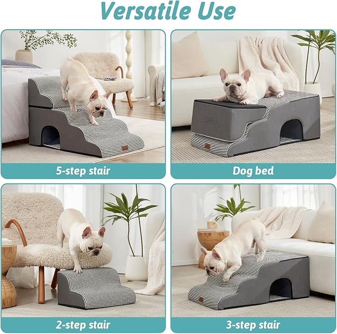 Wide Dog Stairs with Tunnel, Foam Detachable Large Dog Step for Small Pet, Puppy or Cats, Medium Pet Ramp for High Bed, Couch, Sofa or Car, 19.7x33x22.4 inch, 5 Step, White Black