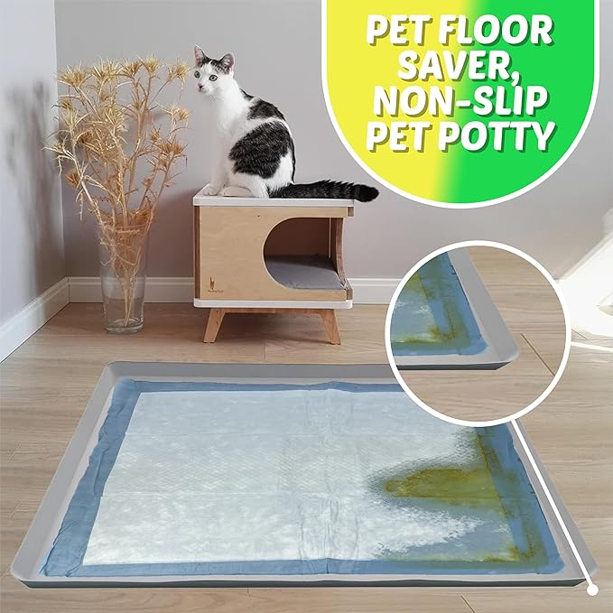 TidyFriend Dog Pee Pad Holder Tray Fits for 27.5” x 44” Wee Wee Pee Pads - Stable Grip, Raised Edges, Quick-Wipe Silicone Surface Dog Potty Tray Holder for Indoor Flooring Protection (Light Grey)