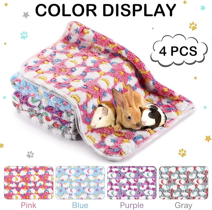 Reginary 4 Pcs Waterproof Guinea Pig Blankets Washable Small Animal Fleece Bedding Absorbent Guinea Pig Cage Liners Reusable Pet Pee Pad Sleep Mat for Hamster Ferret(Moon Star Pattern,24 x 16 Inch)