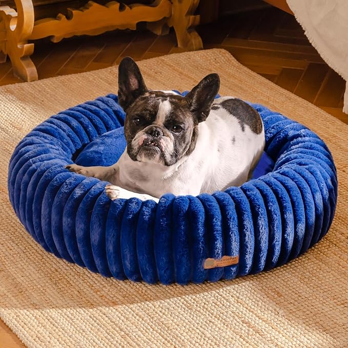 MEWOOFUN Donut Dog Beds for Small Dog, Calming Bed Round Cute Puppy Bed with Non-Slip Bottom, Fluffy Washable Pet Bed for Puppy and Kitten (Navy Blue, M (30x30x8))