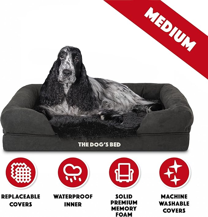 The Dog’s Bed, Medium Black Faux Fur 30x23.5, Memory Foam, Pain Relief: Arthritis, Hip & Elbow Dysplasia, Post Surgery, Lameness, Supportive, Calming, Washable Cover, Veterinary Approved