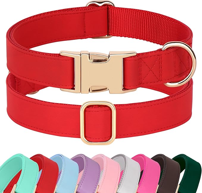 PET ARTIST Soft PU Leather Dog Collar, Bright & Classic Red Dog Collar with Quick Release Rose Metal Buckle, Adjustable Nylon Padded Durable Pet Collars for Small Dogs Girl, Neck Fit 9-14"