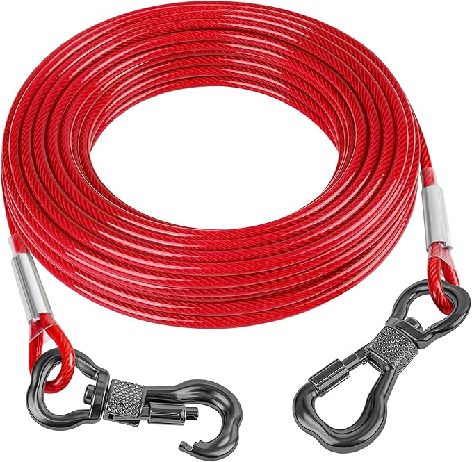 Tresbro 25FT Red Reflective Tie Out Cable for Dogs Up to 125 Pounds, Steel Wire Lead Leash with Stainless Rotatable Buckle, Lightweight and Enduring, Dog Chains Outside for Outdoor,Yard,Camping