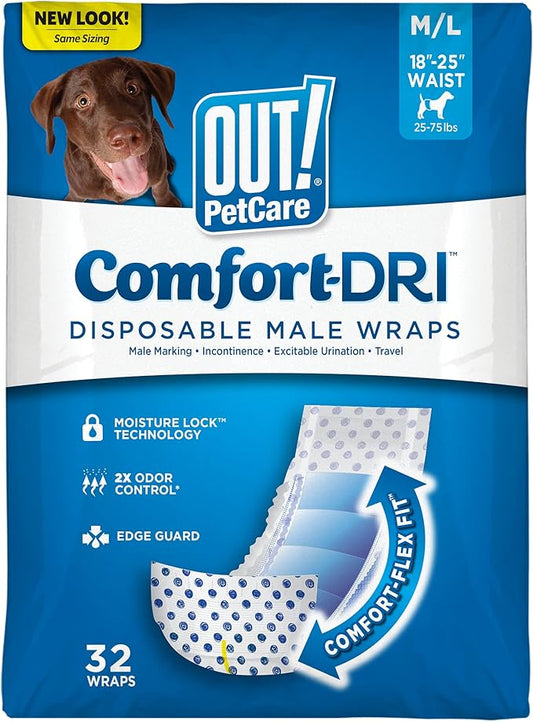 OUT! PetCare Disposable Male Dog Wraps, Puppy Pee Wraps, Belly Bands for Dogs, Leak Proof, Wetness Indicator, Puppy and Doggie Diaper for Peeing, Medium/Large, 32 Count