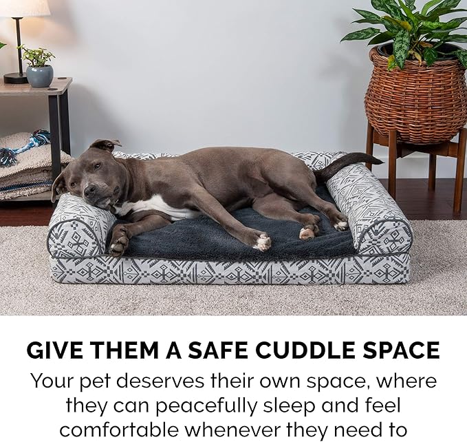 Furhaven Orthopedic Dog Bed for Large Dogs w/ Removable Bolsters & Washable Cover, For Dogs Up to 125 lbs - Plush & Southwest Kilim Woven Decor Sofa - Boulder Gray, Jumbo Plus/XXL
