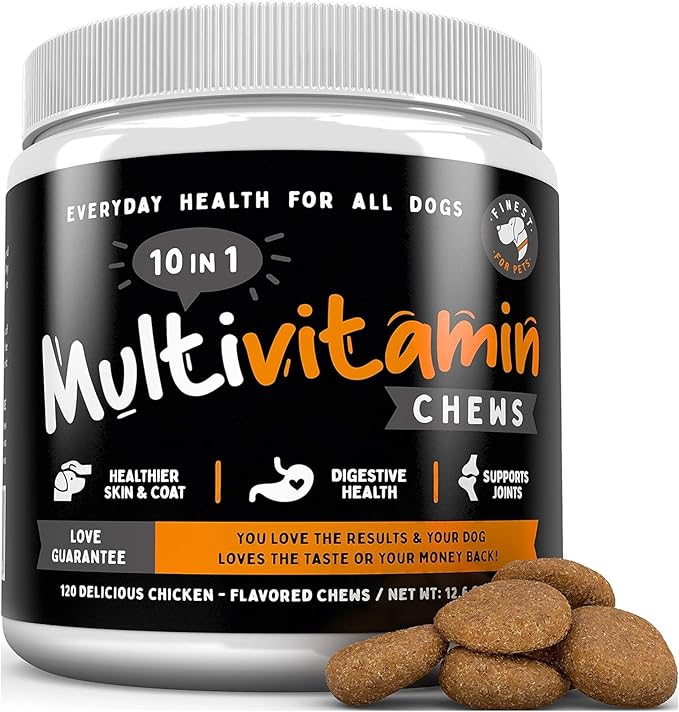Multivitamin Dog Supplement – 10 in 1 with Omega Fish Oil & Glucosamine for Improved Joint & Skin Support, Gut, Digestion & Immune Everyday Health (120 Chewable Treats)