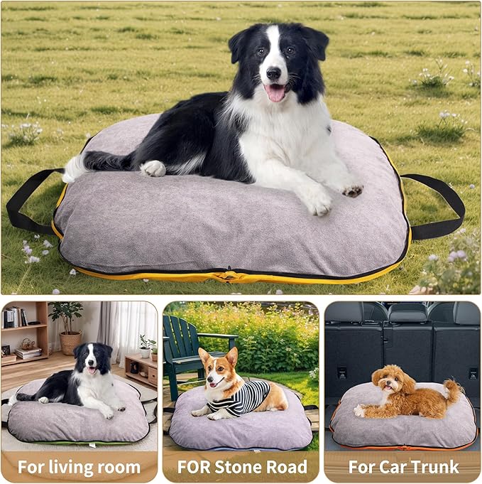 Portable Waterproof Dog Mat for Camping, Patio & Travel - Foldable Outdoor Dog Bed with Teflon Shell & Removable Plush Pad - Easy Clean, Durable - L (Lemon Yellow)