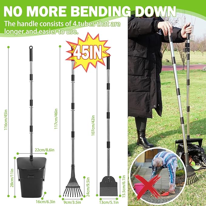 SCENEREAL Dog Pooper Scooper for Yard, Dog Poop Trash Can Outside Swivel Bin Rake Spade Kit for Large Medium Small Dogs with 40 Waste Bags, Extra Long 45" Metal Handle,Portable Scooper for Outdoor