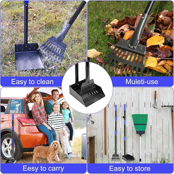 Pooper Scooper, Dog Pooper Scooper Tray and Rake Set with Adjustable Stainless Steel Long Handle for Large Medium Small Dogs (Blue)