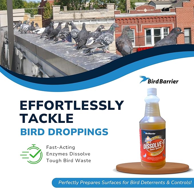 BIRD BARRIER Product Image Dissolve-It Enzyme Cleaner Concentrate |1 Quart Ready to use | Bird Dropping Remover, Pet Urine & Odor Eliminator for Carpets, Hardwood Floors, Drains & Grease Traps