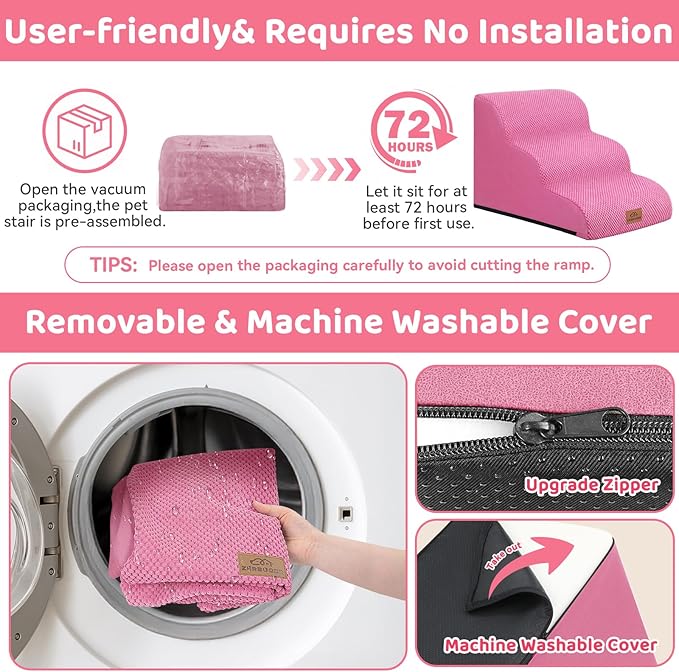 Dog Ramp and Stair for Bed 16" H-20 H,3-Step Cat Stair for Sofa and Chair,4-Step Dog Ramp for High Bed and Window,Durable Nonslip Fabric Cover for Indoor (Pink-16 H, Pet Friendly, 3)