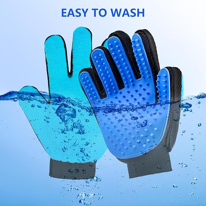 VCZONE 2 in 1 Cat Grooming Glove, Double-Sided Use Pet Hair Remover Glove, 1 Side is Gentle Grooming for Dogs, Cats, The Other is Effective Hair Remover for Furniture, Clothing (Blue, Right-Hand)