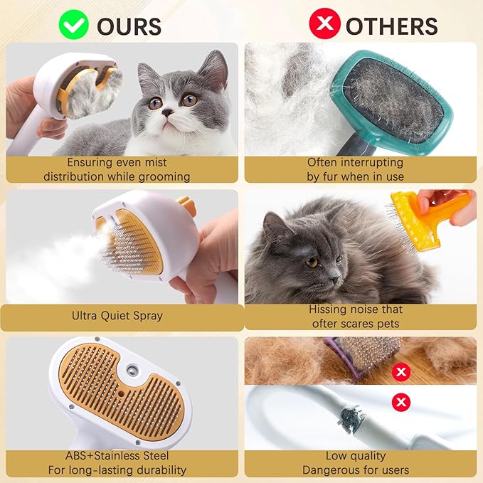 Pet Steam Brush for Cats and Dogs, 4 in 1 Spray Depilatory Comb, Cat Brush with Self-cleaning and Massage Functions Perfect for Long-haired and Short-haired Pets