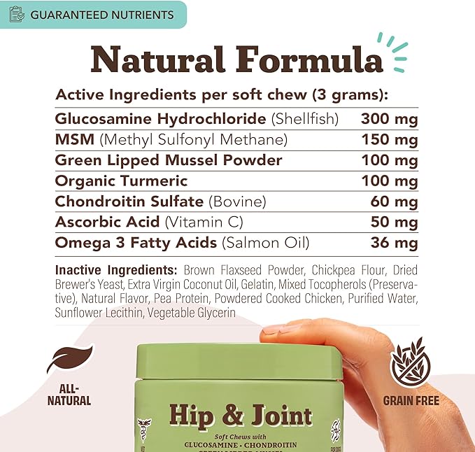 Natural Dog Company Hip & Joint Chews, Chicken Liver & Turmeric Flavor, with Glucosamine Chondroitin for Dogs, Maintains Bone and Joint Health, Supplements for Seniors and Puppies, 90 Count