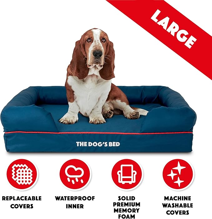 The Dog’s Bed, Large Oxford Blue/Red 36x27 Memory Foam, Pain Relief: Arthritis, Hip & Elbow Dysplasia, Post Surgery, Lameness, Supportive, Calming, Waterproof Washable Cover, Veterinary Approved