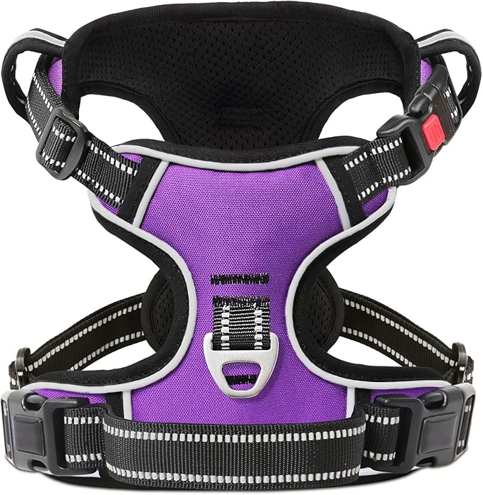 Timos Dog Harness Large Sized, No Pull with Neck Lockable Snap,No Choke Front Clip Dog Reflective Harness,Adjustable Metal Rings 3 Buckles,Easy Control Handle for Large Dogs Purple XL
