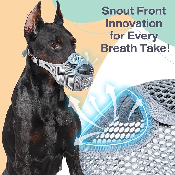 LUCKYPAW Dog Muzzle for Large Medium Small Dogs, Patented Mesh Muzzle to Prevent Biting Chewing Eating, Soft Mouth Guard with Front Opening Design for Drinking Panting (Grey, XS)