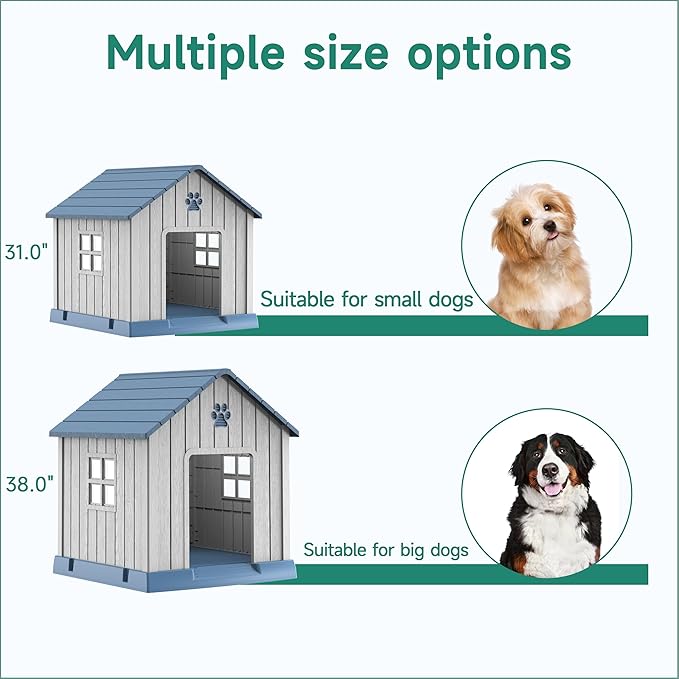 Vixzen 32in Large Outdoor Dog House,Durable Water Resistant Resin Dog House,Doghouse for Small to Large Dogs Indoor or Outside,with Air Vent and Elevated Floor,Blue