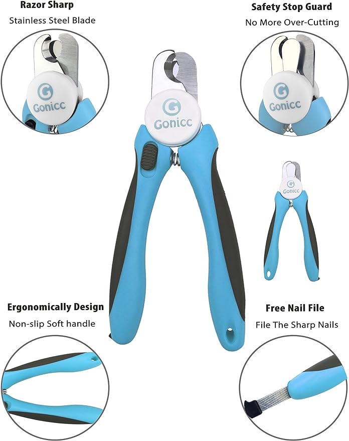 gonicc Professional Small Dog and Cat Nail Clippers Sharp Stainless Steel Pet Nail Trimmers(with Free Nail File in Handle), with Safety Guard to Avoid Overcutting