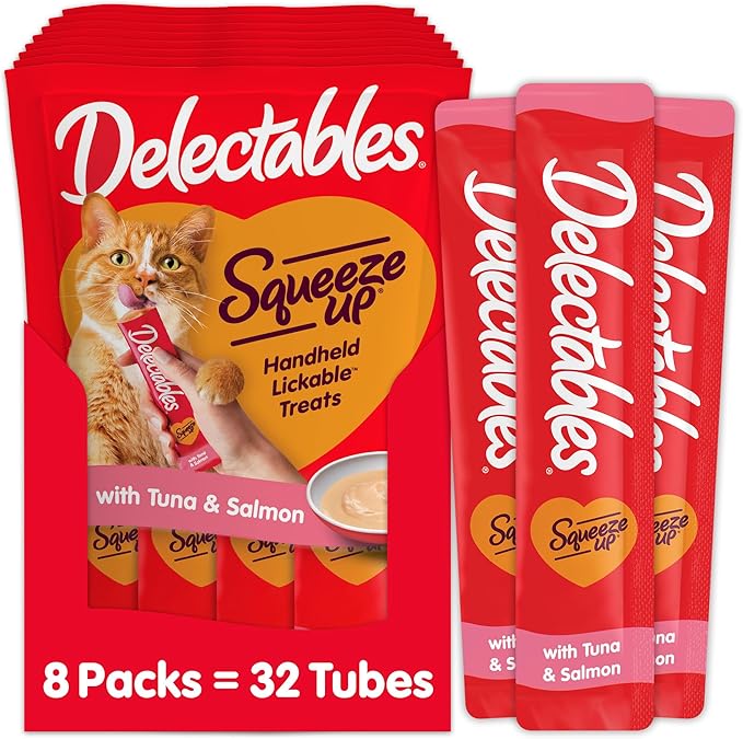 Hartz Delectables Squeeze Up Interactive Lickable Wet Cat Treats for Adult & Senior Cats, Tuna & Salmon, 4 Count(Pack of 8)