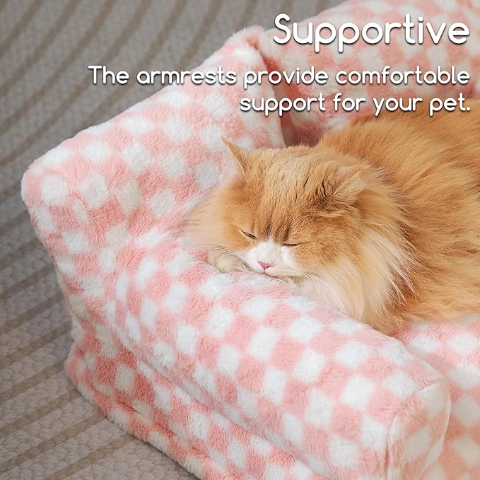 Hollypet Fluffy Plush Dog Cat Pet Couch Soft Calming Sofa Bed for Medium Small Cats and Dogs, Pink and White