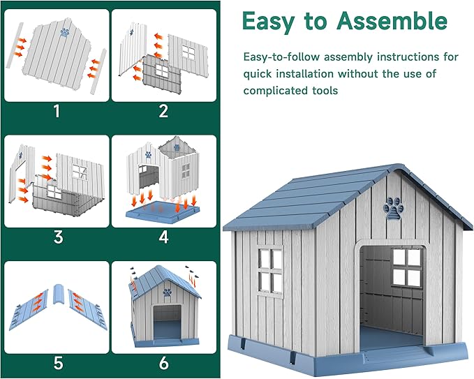 Vixzen 32in Large Outdoor Dog House,Durable Water Resistant Resin Dog House,Doghouse for Small to Large Dogs Indoor or Outside,with Air Vent and Elevated Floor,Blue