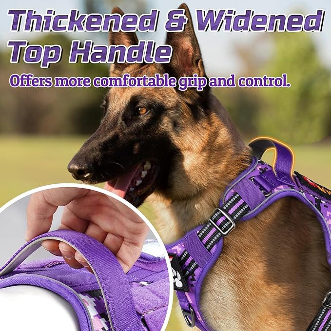 rabbitgoo Tactical Dog Harness for Large Dogs, No Pull Military Service Vest with Handle & Molle, Easy Control for Training Walking, Adjustable Reflective Straps, Purple Camo, XL