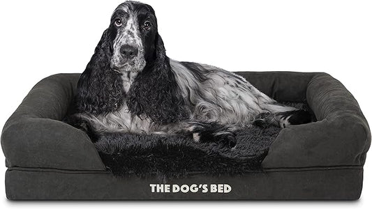 The Dog’s Bed, Medium Black Faux Fur 30x23.5, Memory Foam, Pain Relief: Arthritis, Hip & Elbow Dysplasia, Post Surgery, Lameness, Supportive, Calming, Washable Cover, Veterinary Approved