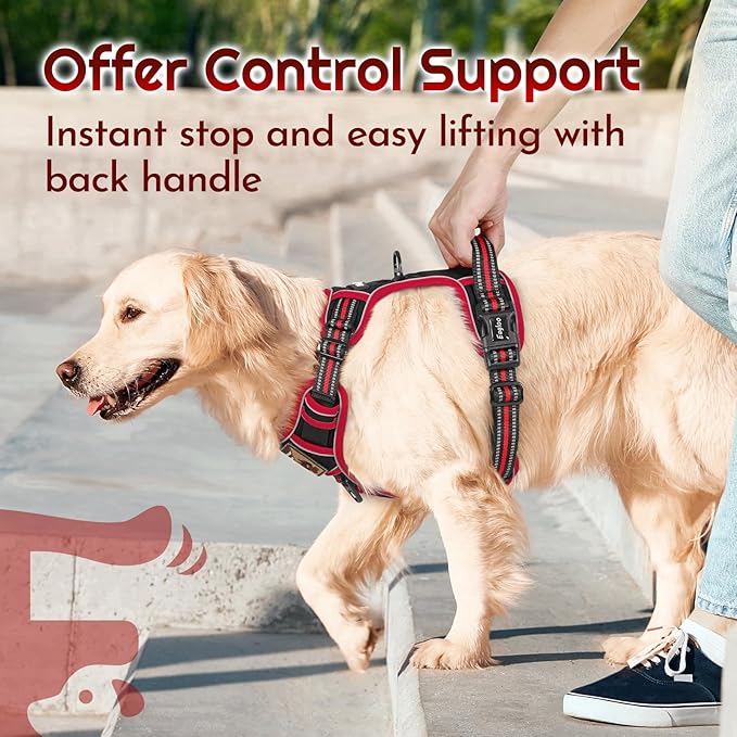 Eagloo Dog Harness for Large Dogs, Easy Wearing with 3 Buckles, Adjustable No Pull Pet Harness with 2 Rings for Walking, No Chock Reflective Soft Padded Vest with Control Handle, Black & Red, XL