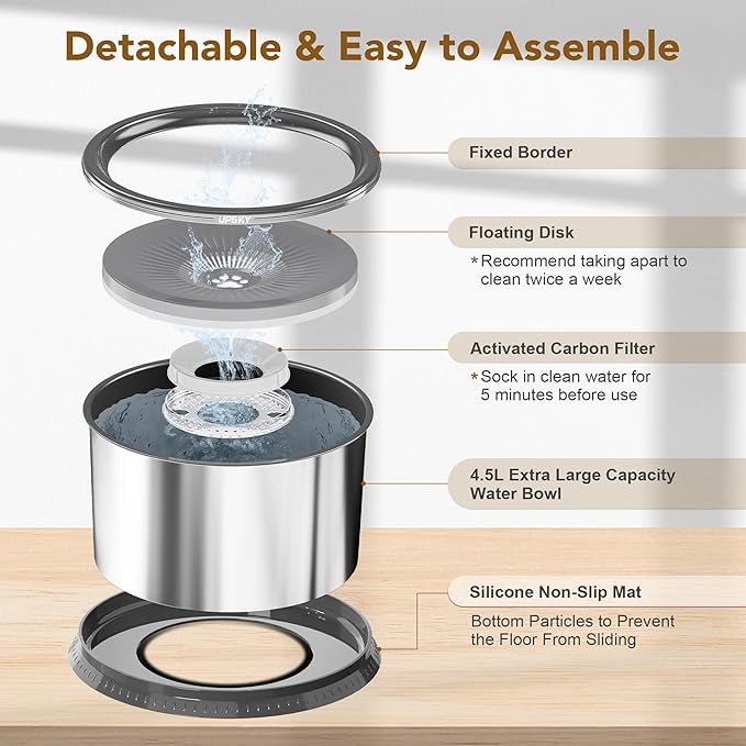 UPSKY 4.5L Dog Water Bowl,Large Capacity No Spill Dog Water Bowl,Stainless Steel Spill Proof Slow Water Feeder,No Splash Water Bowl with Anti-Slip Mat for Messy Drinkers Grey