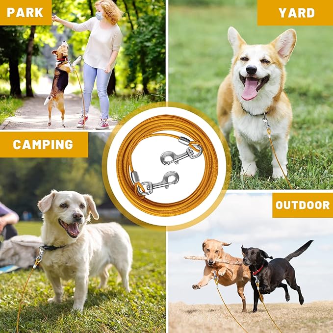 Dog Tie Out Cable 10/15/20/25/30 FT Runner for Yard Steel Wire Cable with Durable Superior Clips Yellow Chains for Outside Dog Lead for Large Up to 165 Lbs