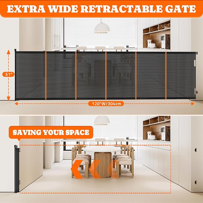 Extra Tall Retractable Baby Gates: 51" Tall Pet Gate, Extend up to 120" Wide, Mesh Baby Gate with Support Rods Jump-Proof Design for Cats & Large Dogs High Dog Cat Door Indoor Outdoor, Black