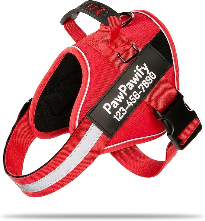 PawPawify Custom No Pull Dog Harness with Name and Phone Number, Heavy Duty Personalized Pet Vest to Prevent Tugging, Pulling, or Choking, Training and Walking (New Red, XL (60-85 LBS))