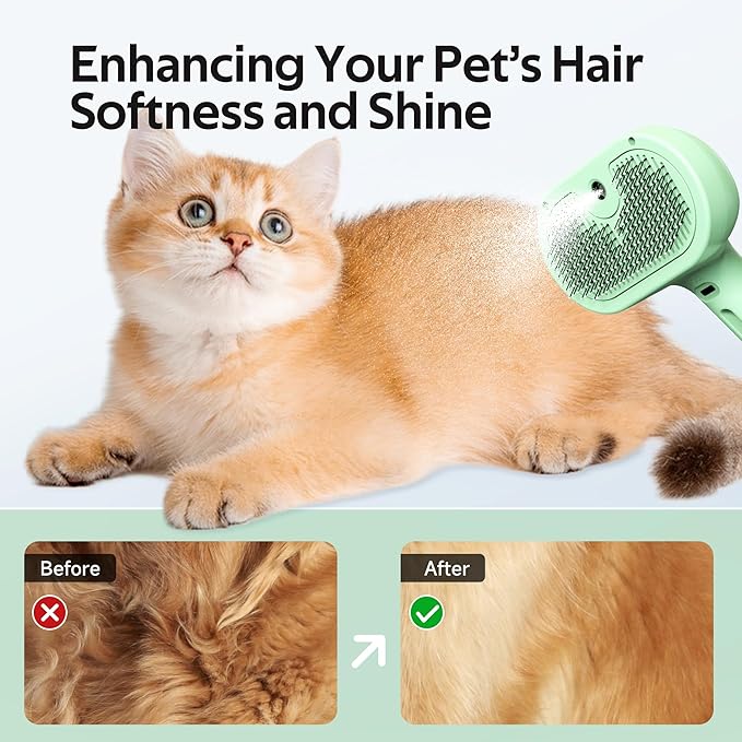 Pet Grooming Brush with Electronic Mist Spray - Gentle Deshedding Tool for Cats & Dogs, Pet Steam Brush，Reduces Shedding, Soft Bristles, Promotes Healthy Coat-Comes with a hair smoothing comb-Greener