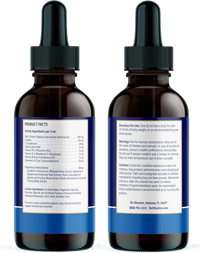 Rx Vitamins Liquid Hepato Support for Dogs & Cats - Liver Support Supplement with Milk Thistle for Dogs (Silymarin & Silybinin) and Vitamin B - Bacon Flavor (4oz)