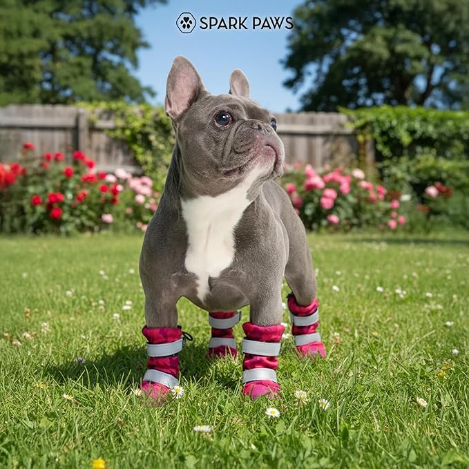 Spark Paws Dog Shoes, Waterproof Dog Boots for Medium to Large Dogs, Non Slip, Breathable Dog Booties and Paw Protectors - 4PCS Doggie Hiking Boots with Reflective Straps, Pink Camo, Size 4